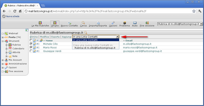 Webmail - crea nuova lista contatti