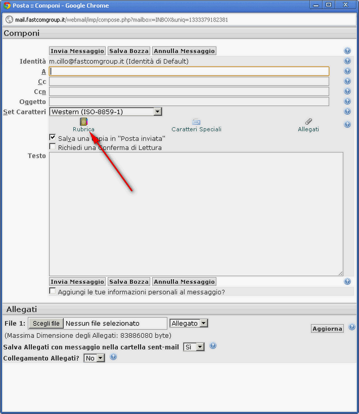 Webmail - utilizzo della ribrica durante la composizione di un messaggio