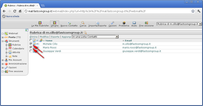 Webmail - seleziona contatti nella rubrica